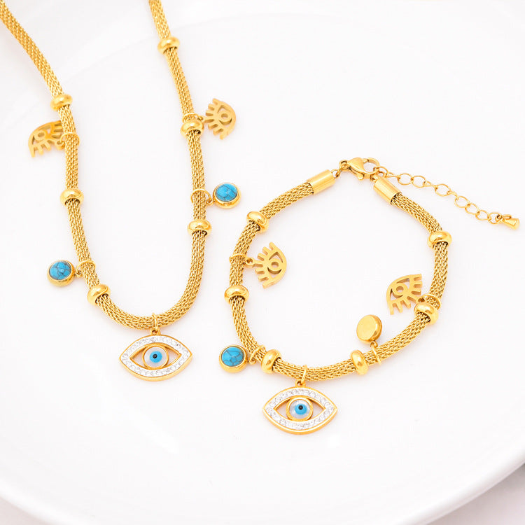 Diamond Eye Turquoise Pendant Necklace Bracelet Set