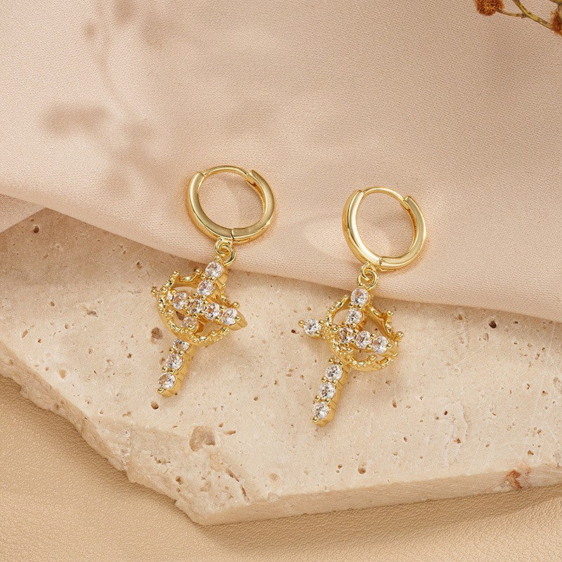 Rotating Crown Cross Zircon Ear Clip