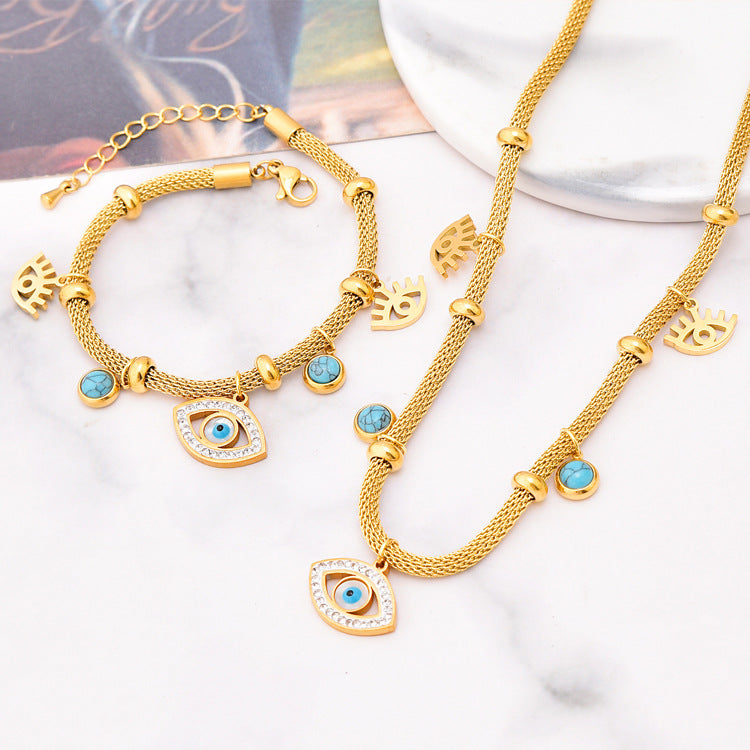 Diamond Eye Turquoise Pendant Necklace Bracelet Set